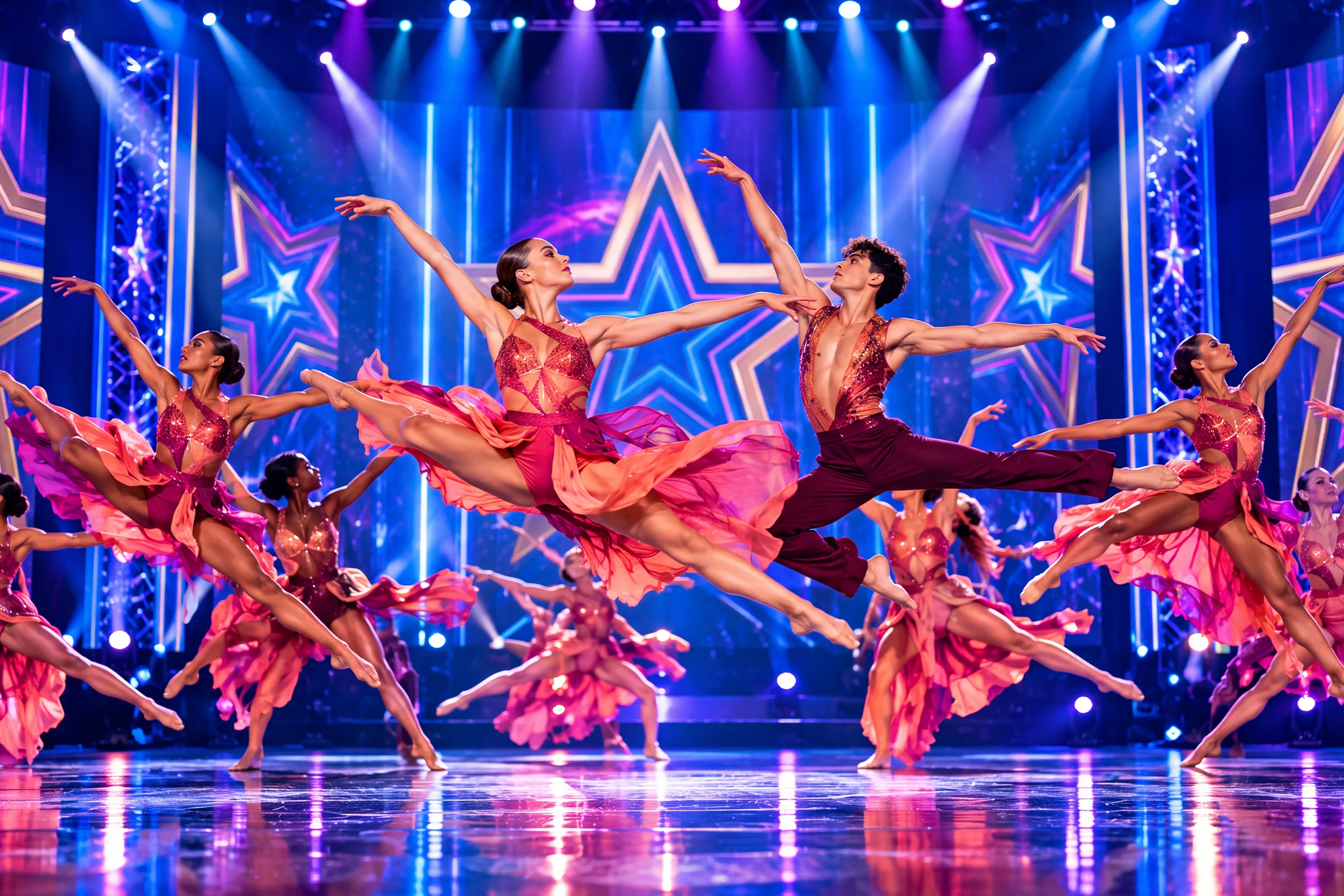Dancers in coral and magenta costumes leaping together across a stage