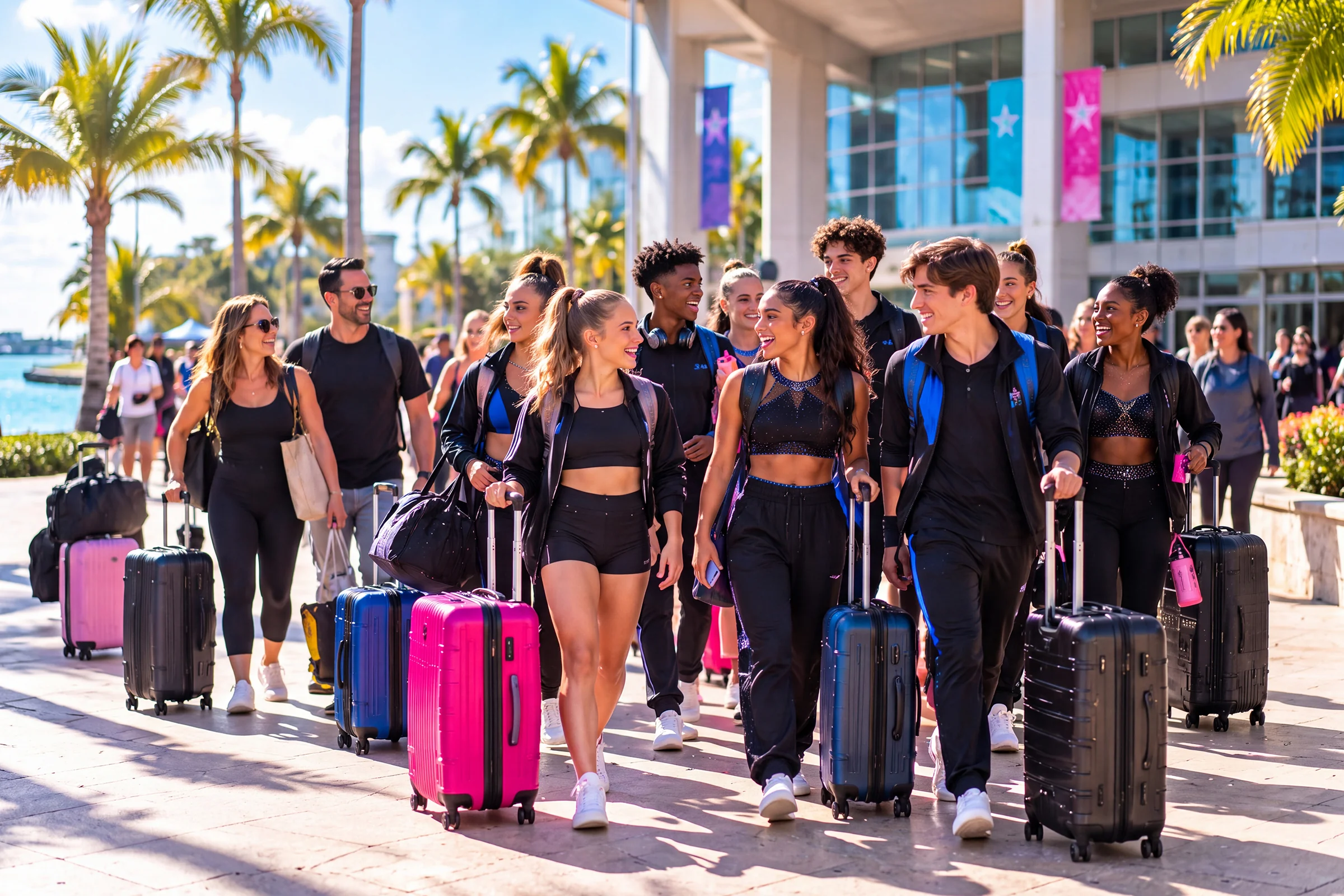 Dance teammates and their families arriving together for a sun-filled Finals week