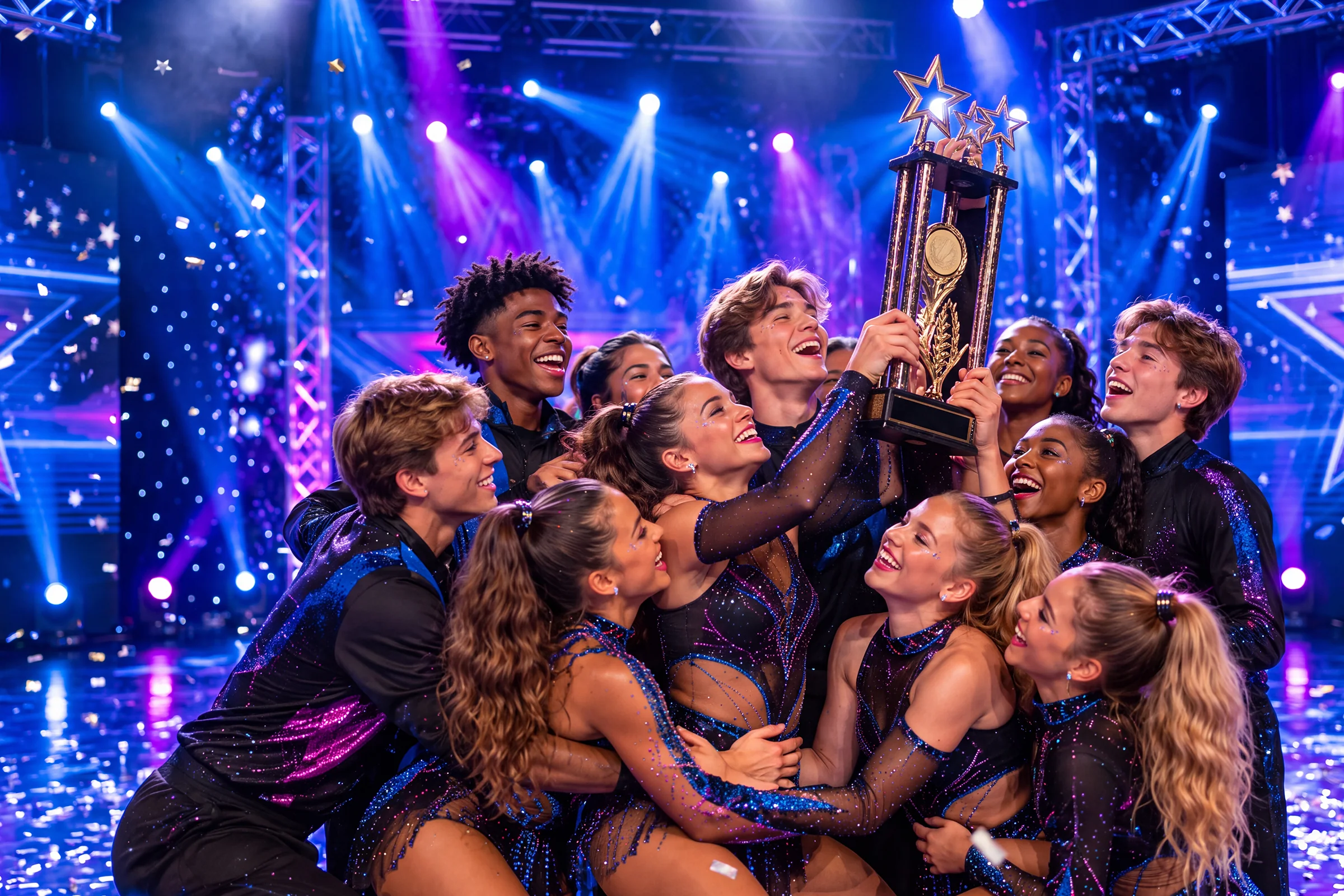 A dance team embracing around their trophy as confetti falls