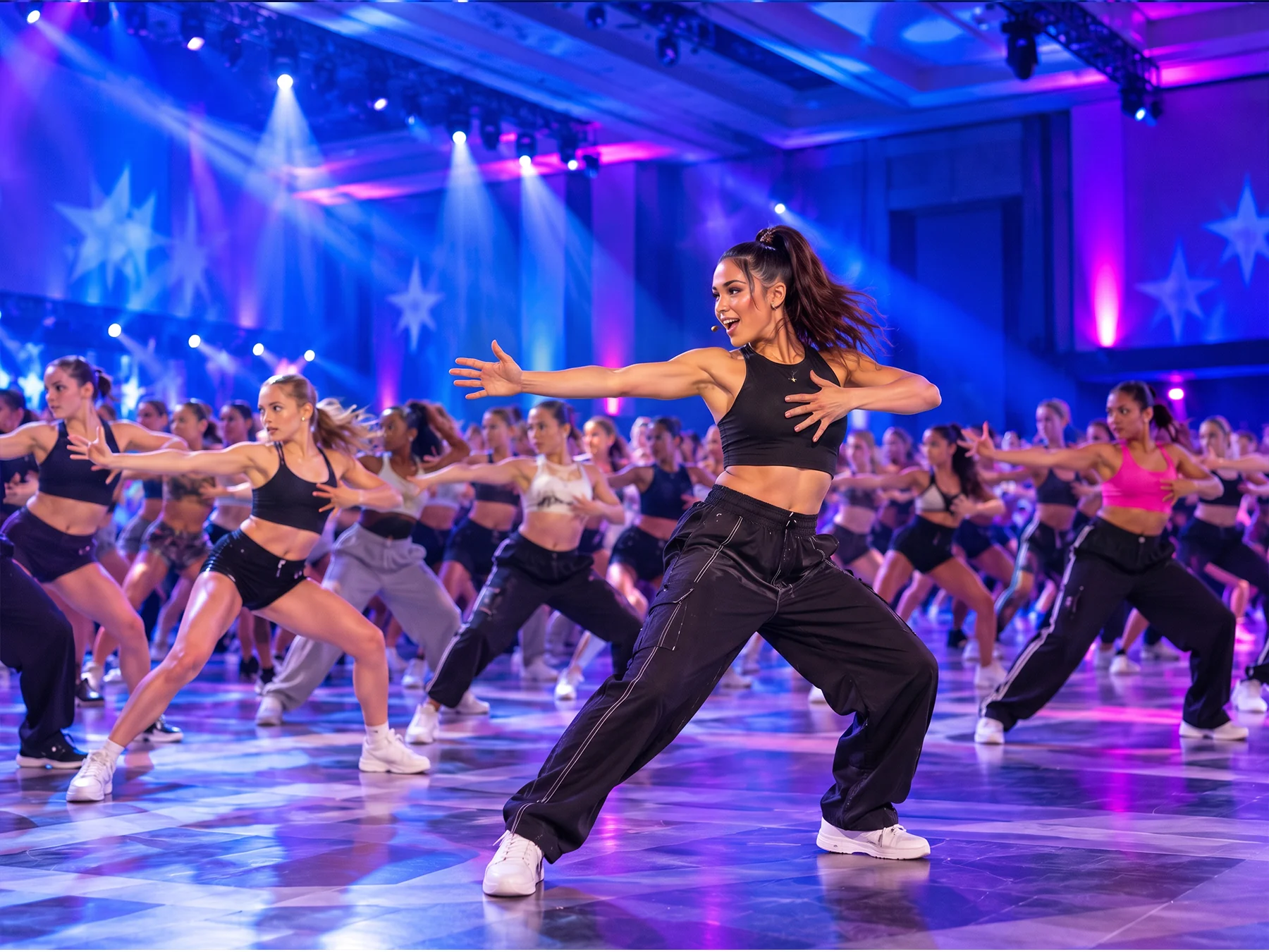 A dance instructor leading a packed convention class