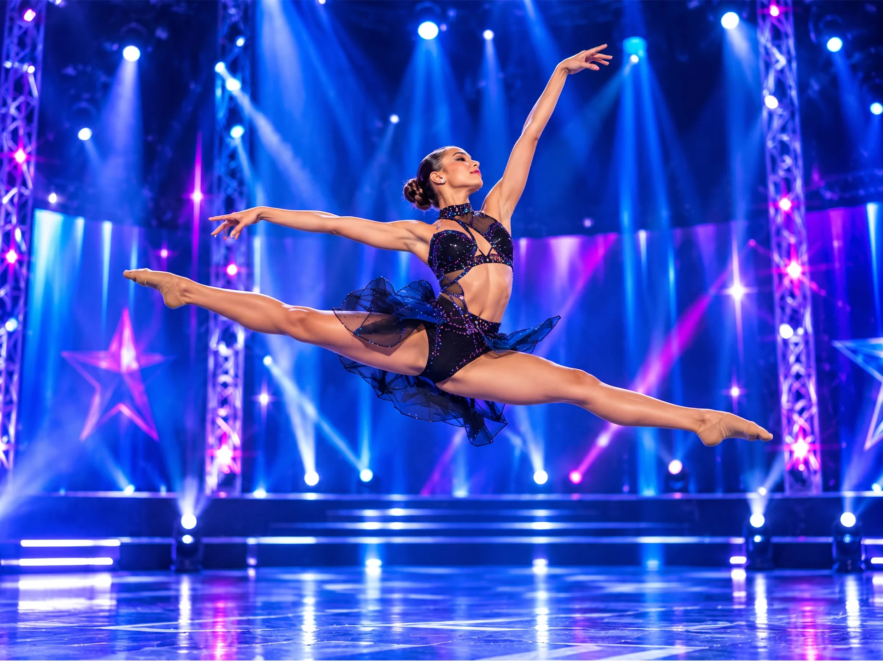A dancer leaping across a brightly lit KAR stage