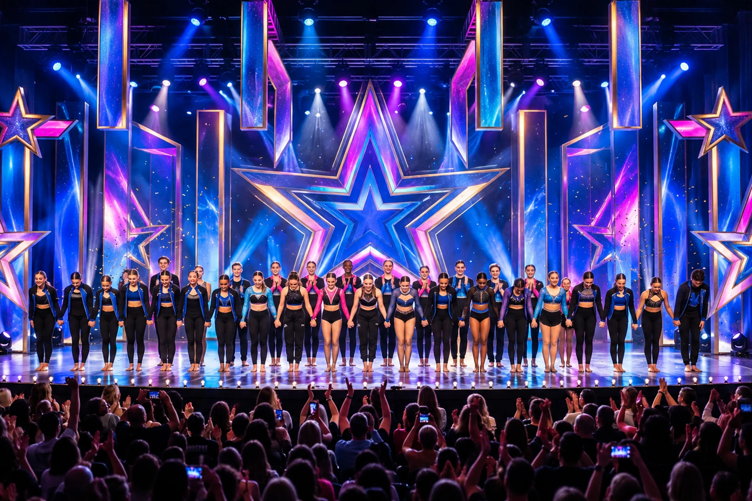 An ensemble standing together on stage before an applauding audience